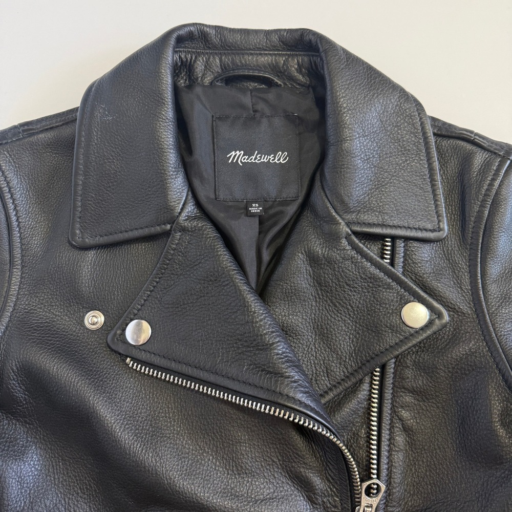 Madewell Washed Leather Motorcycle Jacket Black B0648 XS Womens Biker Belted - Picture 4 of 12